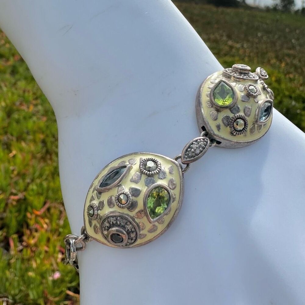 Chi by Carlos Falchi Sterling Silver Enamel & Natural Stone Statement Bracelet